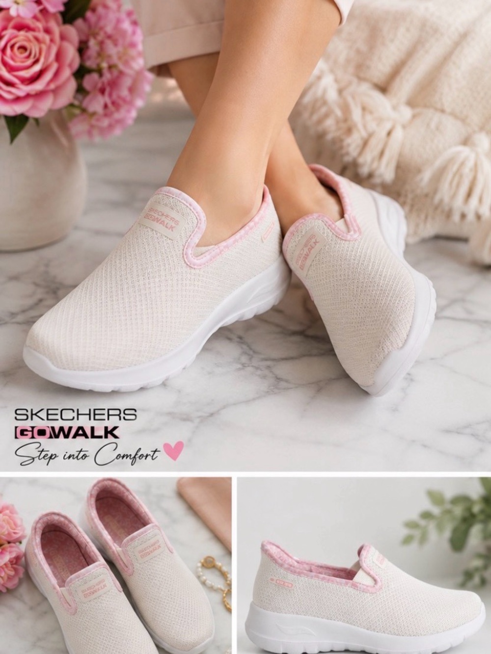 Skechers Slip-On GOWalk Women's Knit Shoes in Light Pink Trim and Cream SZ 7